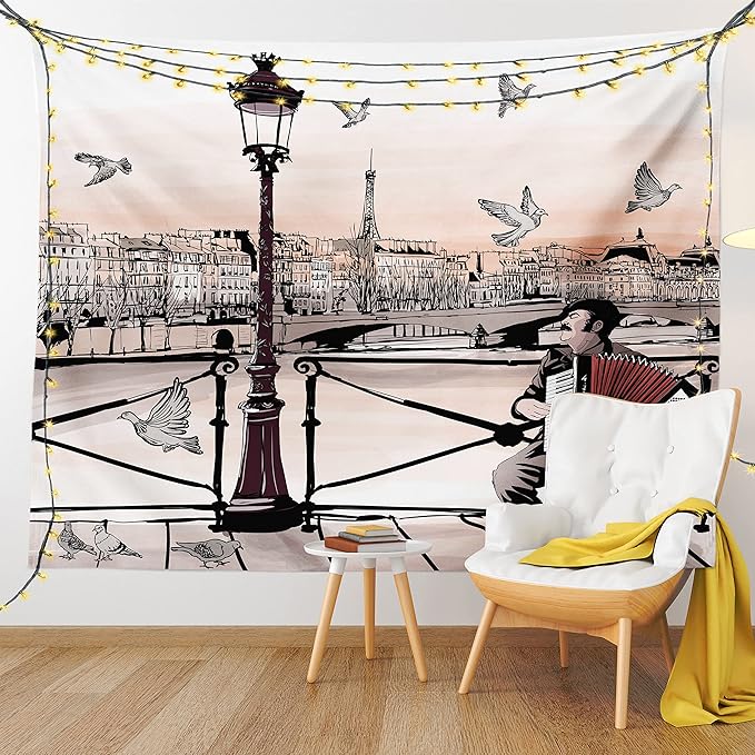 Ambesonne Music Tapestry King Size, Accordionist Playing Paris Street Urban European Famous City Panorama Graphic Scene, Wall Hanging Bedspread Bed Cover Wall Decor, 104" X 88", Peach Brown