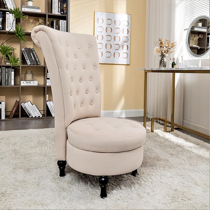 Royal High-Back Velvet Accent Chair for Vanity with Storage and Luxurious Upholstery, Retro Design and Versatile Usage for Living Room, Bedroom, Lounge and Office, Ivory