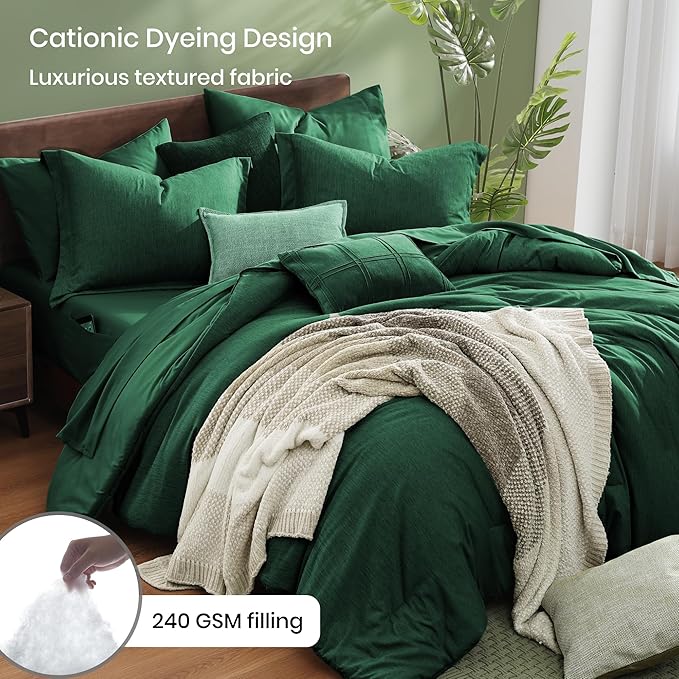 Monbix Queen Comforter Set - 7 Pieces Cationic Dyeing Emerald Green Bed in a Bag Queen Bedding Sets with Comforter, Sheets, Pillowcases & Shams, Reversible Bedding Comforters Sets
