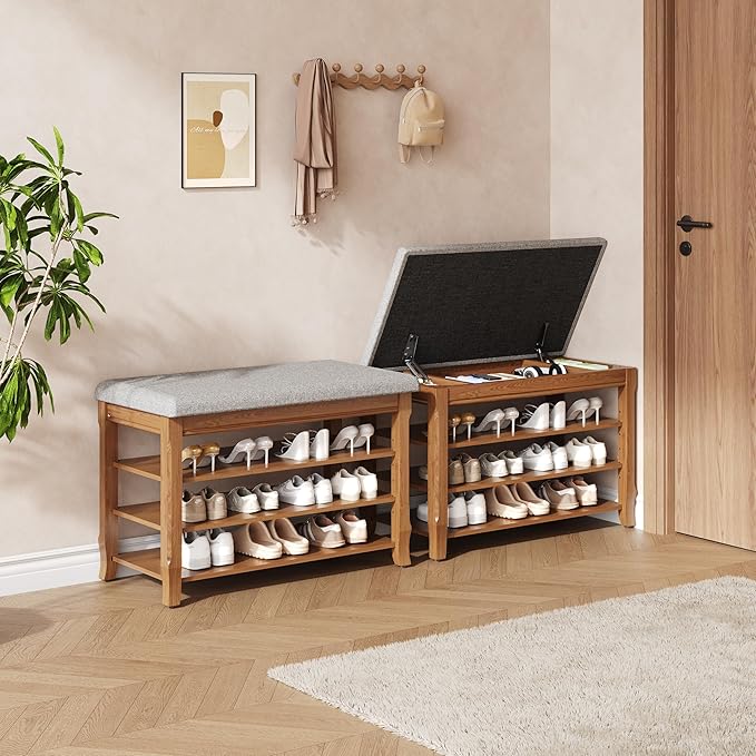 Solid Wood Shoe Bench with Storage, Flip-Top Soft-Close Lid, Adjustable Shelves, Cushioned Entryway Shoe Rack Organizer, 31.5”