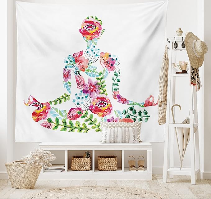 Ambesonne Yoga Tapestry, Silhouette in Lotus Pose with Blooming Watercolor Flowers Green Leaves Body and Mind, Fabric Wall Hanging Decor for Bedroom Living Room Dorm, 45" X 30", Blue Pink
