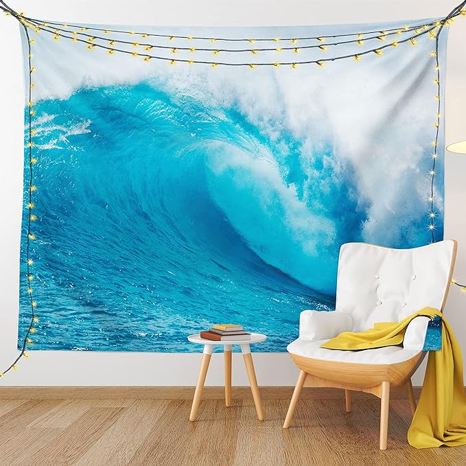 Ambesonne Ocean Tapestry, Wavy Ocean Adventurous Surfing Extreme Water Sports Summer Holiday Destination Print, Fabric Wall Hanging Decor for Bedroom Living Room Dorm, 30" X 45", Aqua White