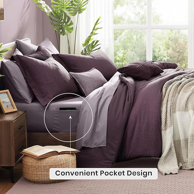 Monbix Queen Comforter Set - 7 Pieces Cationic Dyeing Italian Plum Bed in a Bag Queen Bedding Sets with Comforter, Sheets, Pillowcases & Shams, Reversible Bedding Comforters Sets
