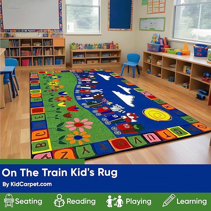 KIDCARPET.COM On The Train Rectangle Classroom Rug | Bordered Area Rug for Preschool Daycare Learning, 6' x 8'6"