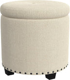 HomePop Home Decor | Upholstered Round Storage Ottoman with Nailheads| Ottoman with Storage for Living Room & Bedroom, Cream Woven