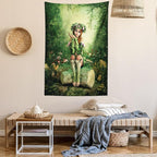 Ambesonne Tale Tapestry, Computer Art Elf Girl Wreath Her Head Sitting on a Tree Stump, Fabric Wall Hanging Decor for Bedroom Living Room Dorm, 23" X 28", Green Beige Pink