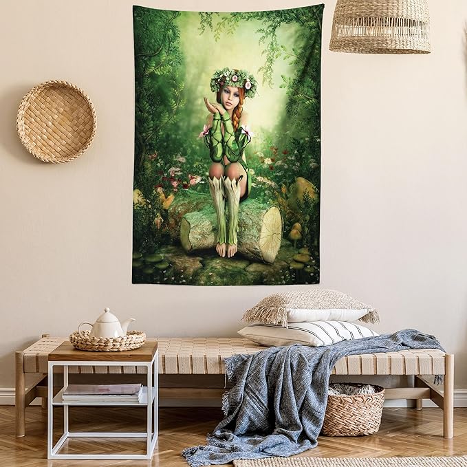 Ambesonne Tale Tapestry, Computer Art Elf Girl Wreath Her Head Sitting on a Tree Stump, Fabric Wall Hanging Decor for Bedroom Living Room Dorm, 23" X 28", Green Beige Pink