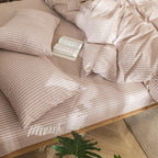 MooMee Striped Duvet Cover Set 100% Washed Cotton Linen Like Textured Breathable Durable Soft Comfy (Orange White Wide Stripes, Cal King 104"x98")