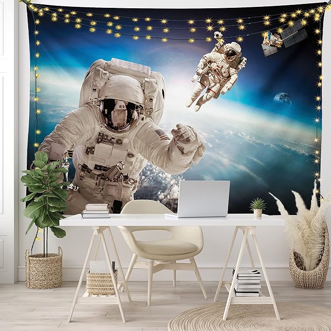 Ambesonne Outer Space Tapestry, Cosmonaut Crew in Universe Astronomy Atmosphere Astral Journey Inspired Image, Fabric Wall Hanging Decor for Bedroom Living Room Dorm, 45" X 30", Beige Blue