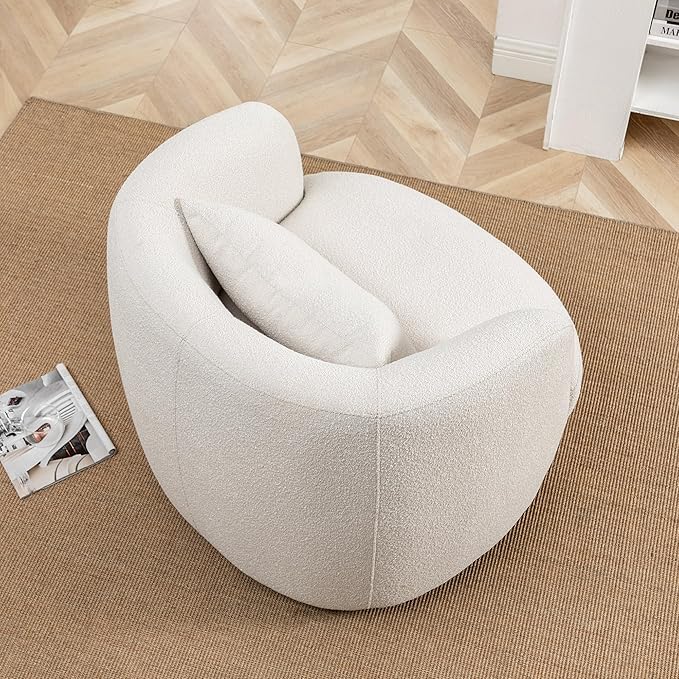 KINWELL 34" Wide Boucle Swivel Barrel Chair with 23" Ottoman Set, Fully Assembled Set of Sherpa Accent Chair and Footrest, Modern Comfy Armchair and Footstool for Living Room and Bedroom, Beige