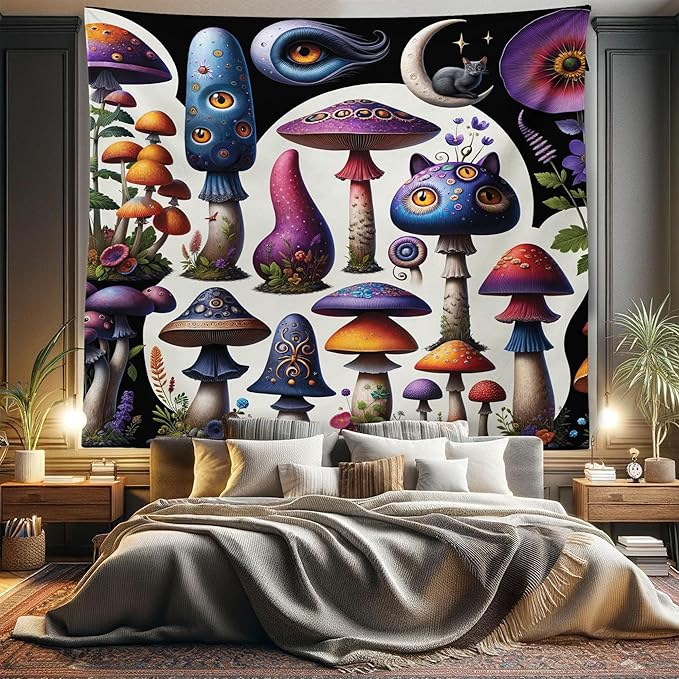 Ambesonne Hippie Tapestry King Size, Psychedelic Dream of Trippy Mushroom Scene with Eyes and Cat Face Fantasy, Wall Hanging Bedspread Bed Cover Wall Decor, 104" X 88", Quartz Sea Blue Pearl