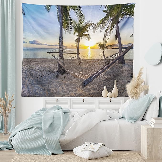 Ambesonne Tropical Tapestry, Paradise Beach Hammock and Coconut Palm Trees Horizon Coast Vacation Scenery, Fabric Wall Hanging Decor for Bedroom Living Room Dorm, 28" X 23", Sand Brown