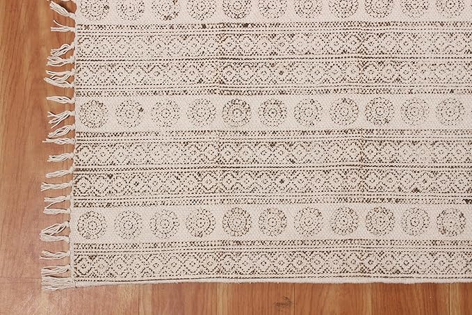 Area Rug 4x6 Kilim Rug Brown & Beige Cotton Dhurrie Geometric Design 0.19 inches Stone Easy Washable Rug Hand Wash Cotton Carpet Flatweave Rug Indoor Outdoor Rugs for Kitchen, Bedside, Enterway