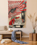 Ambesonne Cars Tapestry, Poster Style Image Gasoline Station Commercial Element Route 66 IllustrationPrint, Wall Hanging for Bedroom Living Room Dorm Decor, 60" X 80", Vermilion Beige