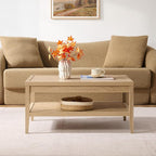 SICOTAS Rattan Coffee Table with Storage, 37.5" Large Rectangular Coffee Table with 2-Tier Shelves, Farmhouse Boho Center Table for Living Room, Office, Small Space