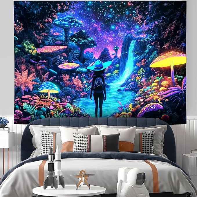 Blacklight Tapestry Girl Adventurer Tapestries Fantasy Forest Mushroom Trippy Starry Sky Cool Wall Hanging Neon Nature Plant Decor for Bedroom 79X59in