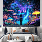 Blacklight Tapestry Girl Adventurer Tapestries Fantasy Forest Mushroom Trippy Starry Sky Cool Wall Hanging Neon Nature Plant Decor for Bedroom 79X59in