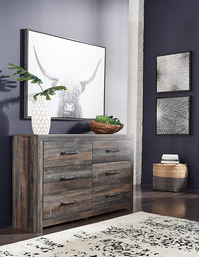 Signature Design by Ashley Drystan 6 Drawer Dresser, Large-scale Hardware, Smooth-gliding Drawers, Wood, 58.7" W x 15.31" D x 36.46" H, Weatherworn Brown