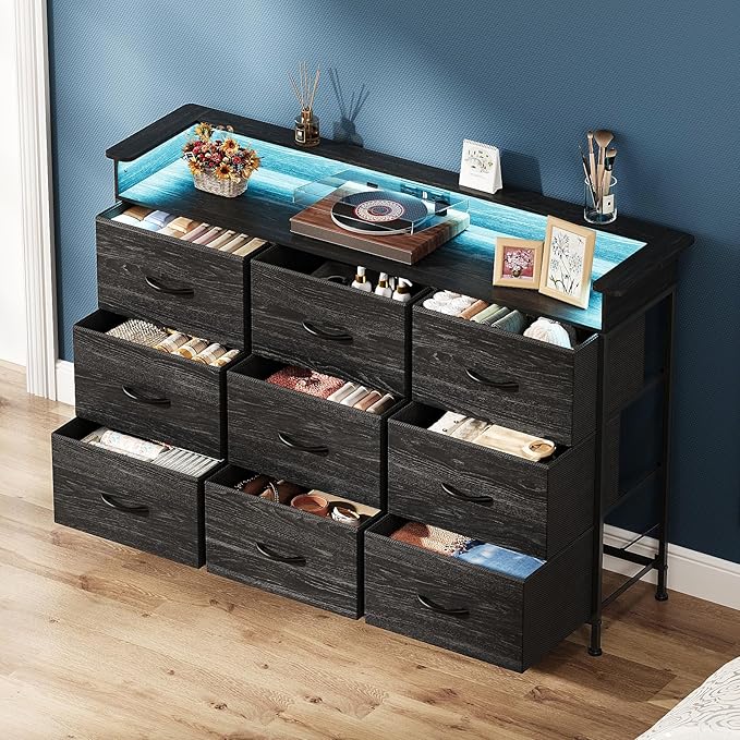 EXOTICA Black Dresser with Charging Station 9 Drawers Dresser with LED Light and USB Ports Fabric Dressers for Bedroom Hallway Entryway Closets Sturdy Steel Frame Wood Top