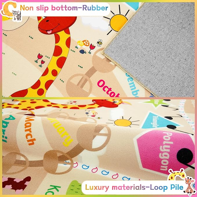Chicrug Educational Kid Area Rug for Playroom, 9x12 Feet TPR Non Slip Kids Classroom Carpet Rug for Learning ABC Animal Shape Color Fruit, Washable Play Mat Rug for Children Nursery Toddler Room Decor