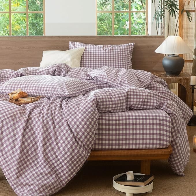 MooMee Gingham Duvet Cover Set 100% Washed Cotton Linen Like Textured Breathable Durable Soft Comfy Modern Checkered Design (Classic Gingham Light Purple, Twin 68"x90")