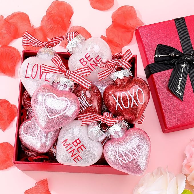 24pcs Valentines Day Ball Ornaments Set with Plastic Rose Petals 2.36 Inches Red Pink White Hanging Balls for Tree Wedding Home Anniversary Decor