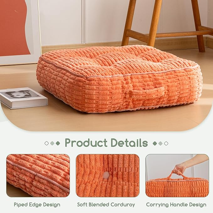 6" Washable Floor Pillow Cushion for Adults, Meditation Cushion Pillow, Removable Tufted Blended Corduroy Cover, Large Square Floor Sitting for Tatami Living Room or Yoga, 2Pack, Machine Washable
