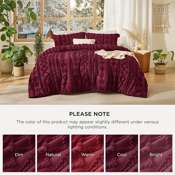 Bedsure Tufted Boho Comforter Set King Size - Burgundy Boho Bed Set, GentleSoft™ 3 Pieces Farmhouse Shabby Chic Embroidery Bedding, Gifts for Woman, Soft Jacquard King Comforter for All Seasons