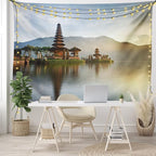 Ambesonne Balinese Tapestry King Size, Pura Ulun Danu Building Panorama Sunrise on Lake Bratan Bali Indonesia Waterscape, Wall Hanging Bedspread Bed Cover Wall Decor, 104" X 88", Beige Brown