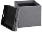 SIMPLIHOME Rockwood Cube Storage Ottoman with Tray - 17 inch Wide Upholstered Linen Look Fabric Square Storage Ottoman in Slate Grey, Contemporary Cube Ottoman for Living Room with Serving Tray
