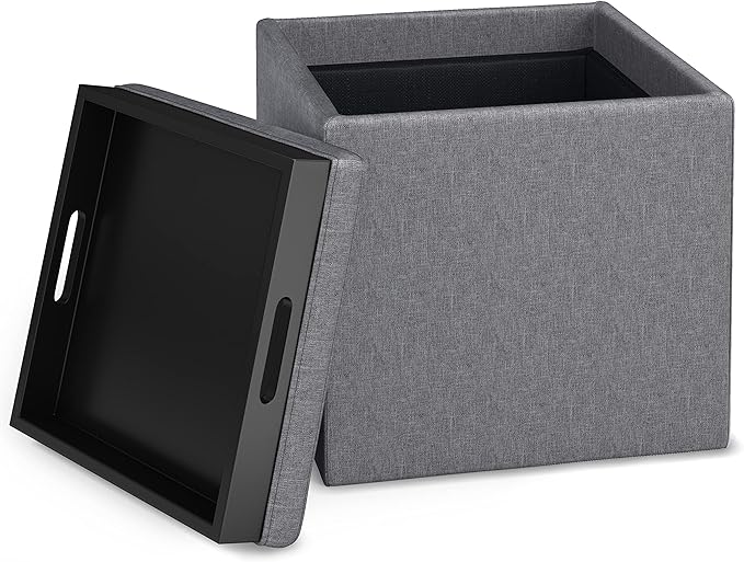 SIMPLIHOME Rockwood Cube Storage Ottoman with Tray - 17 inch Wide Upholstered Linen Look Fabric Square Storage Ottoman in Slate Grey, Contemporary Cube Ottoman for Living Room with Serving Tray