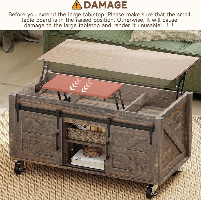 40” Farmhouse Coffee Table Bilateral Lift Top with Sliding Barn Door Movable Rustic Square Center Table with Large Hidden Storage Compartment Lifting Tabletop for Home Living Room,Office (Dark Brown)