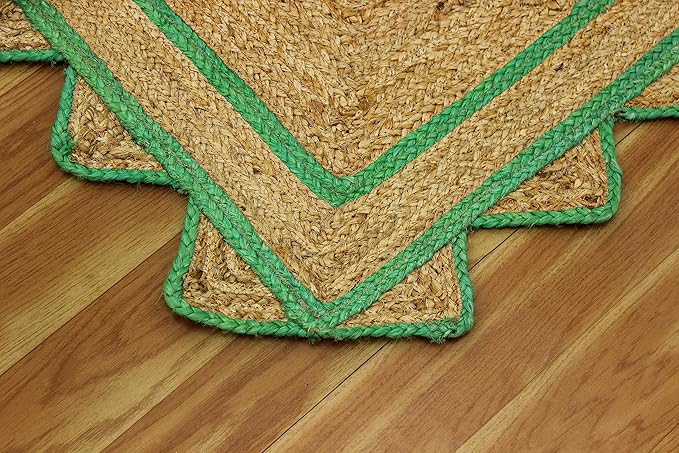 Scalloped Edge Rug, Hand Woven Natural Jute Area Rug, 3x5 Ft Beige & Green Braided Sisal Kilim Rugs for Living Room, Kitchen, Entryway, Farmhouse