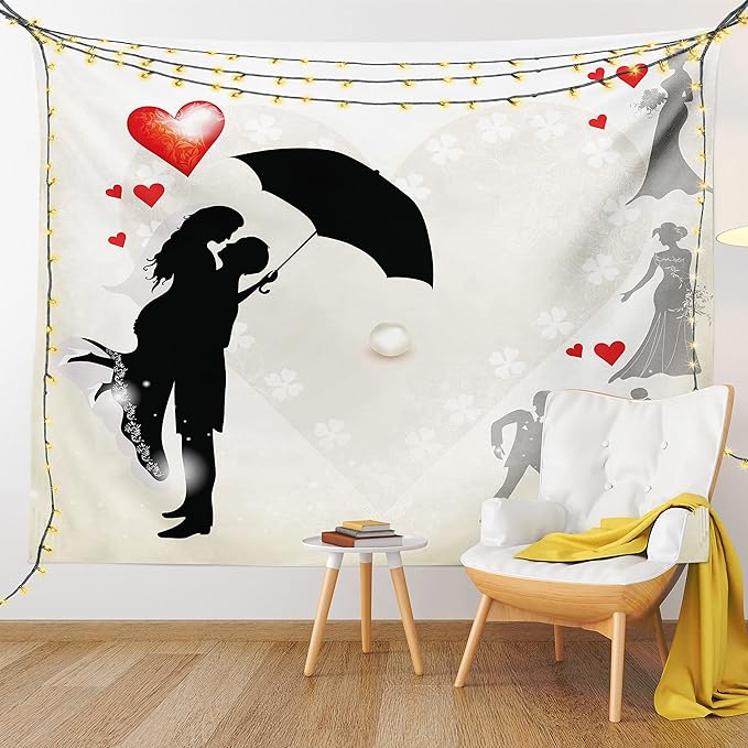 Ambesonne Wedding Tapestry, Couple in Love Umbrella Red Hearts Daisies Romance in the Air Celebration, Fabric Wall Hanging Decor for Bedroom Living Room Dorm, 30" X 45", Black White Red