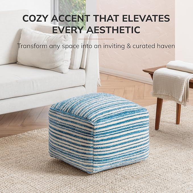 Anji Mountain 100% Handmade & Handcrafted Comfortable Home Décor Pouf Ottoman Footrest for Living Room, Bedroom, Nursery, Kidsroom, Patio Furniture - (22" x 22" x 16" - Blue)
