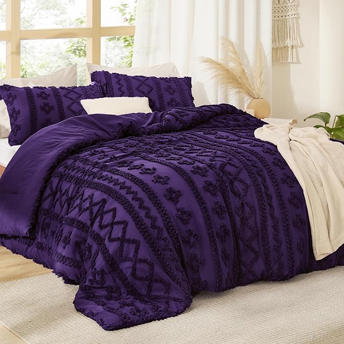 Bedsure Tufted Boho Comforter Set Twin Size - Purple Boho Bed Set, GentleSoft™ 2 Pieces Farmhouse Shabby Chic Embroidery Bedding, Gifts for Woman, Soft Jacquard Twin Comforter for All Seasons