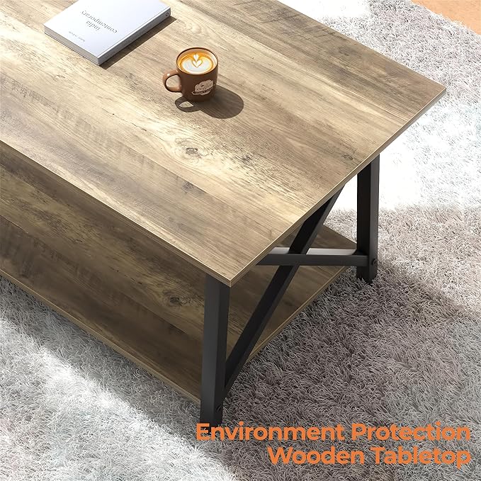 GreenForest Coffee Table with Storage, 43 inch Large Modern Coffee Tables for Living Room, X-Frame Design Farmhouse Coffee Table Space Saving Living Room Tables, Easy Assembly, Grey Wash
