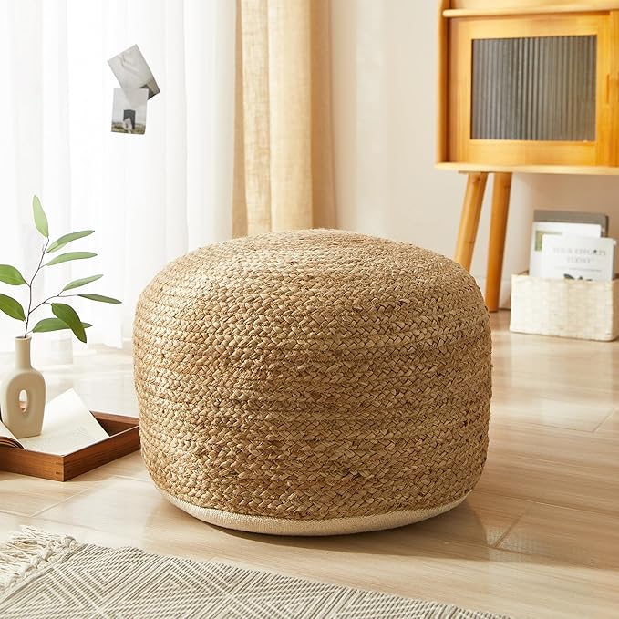 Urban Lifestyle Circular Natural Jute Braided Pouf Ottoman and Footrest, 18"x18"x10"H