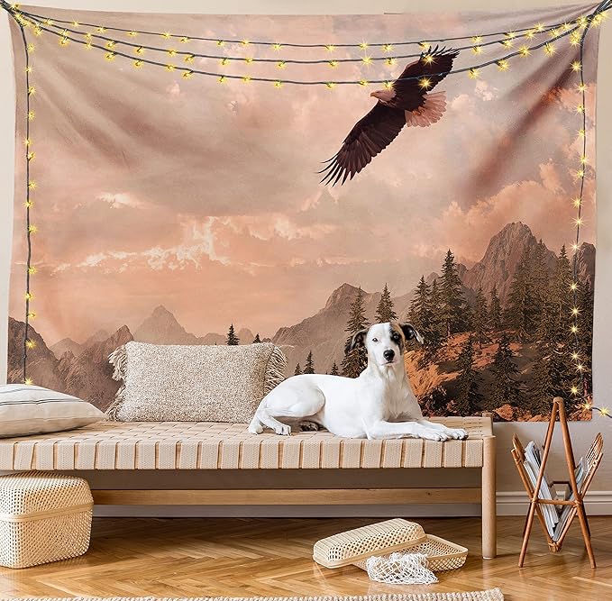Ambesonne Eagle Tapestry, Nature Photography of Rocky Mountains and Forest a Bird Flying over It, Fabric Wall Hanging Decor for Bedroom Living Room Dorm, 30" X 45", Rose Green