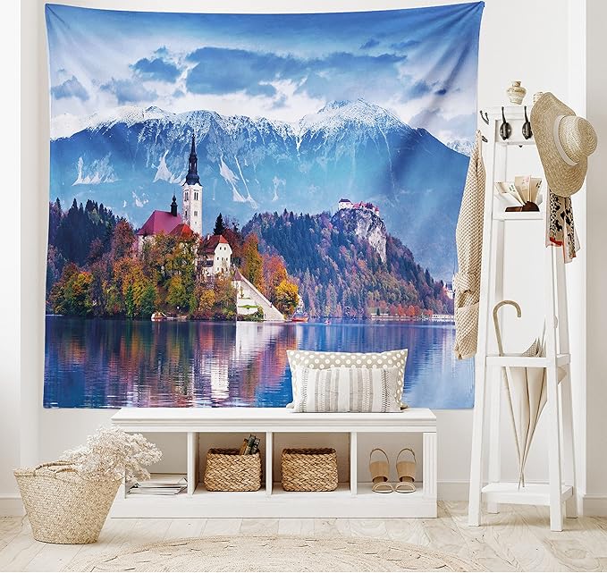 Ambesonne Landscape Tapestry, Photo of Bled in Slovenia with Lake Snowy Mountains and a Castle Pastoral Scenery, Fabric Wall Hanging Decor for Bedroom Living Room Dorm, 23" X 28", Blue Lavender