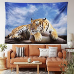 Ambesonne Savannah Tapestry Twin Size, Tiger Sitting on Wood Clear Blue Sky Wildlife Morning Stripes Predator, Wall Hanging Bedspread Bed Cover Wall Decor, 68" X 88", Blue Mustard Black