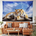 Ambesonne Savannah Tapestry Queen Size, Tiger Sitting on Wood Clear Blue Sky Wildlife Morning Stripes Predator, Wall Hanging Bedspread Bed Cover Wall Decor, 88" X 88", Blue Mustard Black
