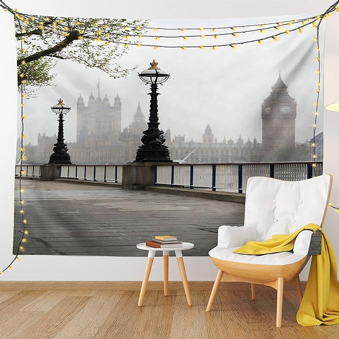 Ambesonne London Tapestry Twin Size, Big Ben View from the Street Palace of Westminster Touristic Britain, Wall Hanging Bedspread Bed Cover Wall Decor, 68" X 88", Off White Brown