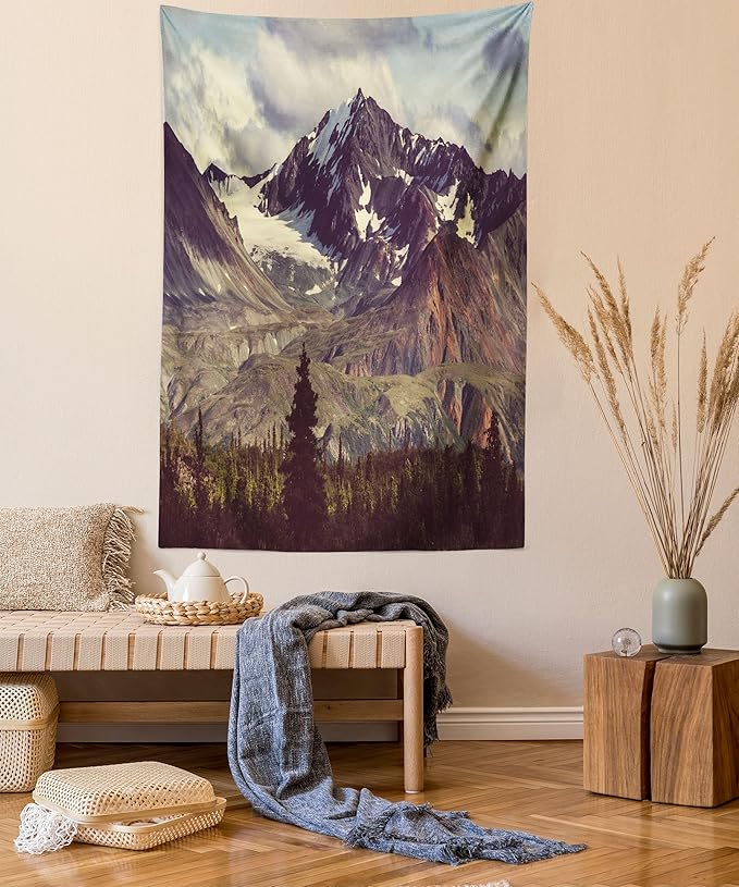 Ambesonne Alaska Mountains Tapestry, Arctic Landscape Hiking Alaska Mountains Scenery in Usa Wilderness, Fabric Wall Hanging Decor for Bedroom Living Room Dorm, 30" X 45", Green Black White