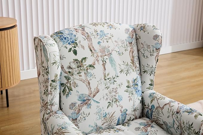 KEIKI Floral Accent Chair for Living Room – Artistic Heritage Look with Natural Wood Base, Statement Upholstered Armchair for Everyday Relaxation