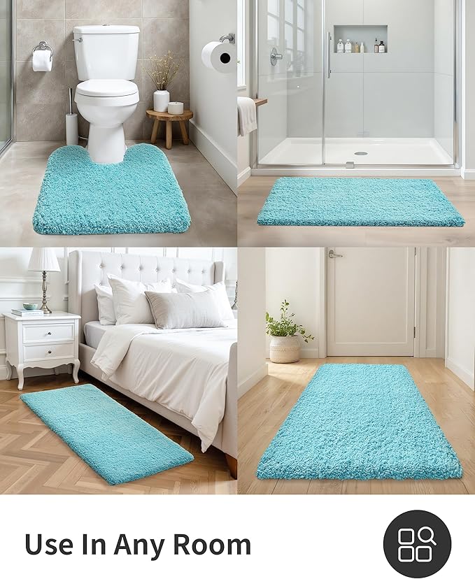 ILANGO Teal Bathroom Rugs 24" × 17" Small Non Slip & Super Absorbent Extra Thick Soft, Washable Bath Mat for Floor, Microfiber Plush Shaggy Bath Rug with Rubber for Bathtub Shower Room Sink