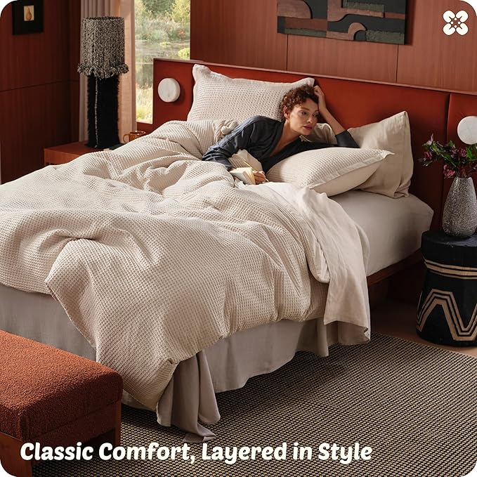Bedsure Cotton Duvet Cover Full - 100% Cotton Waffle Weave Beige Duvet Cover Set, GentleSoft™ and Breathable Bedding Set for All Season, 3 Pieces, 80"x90"