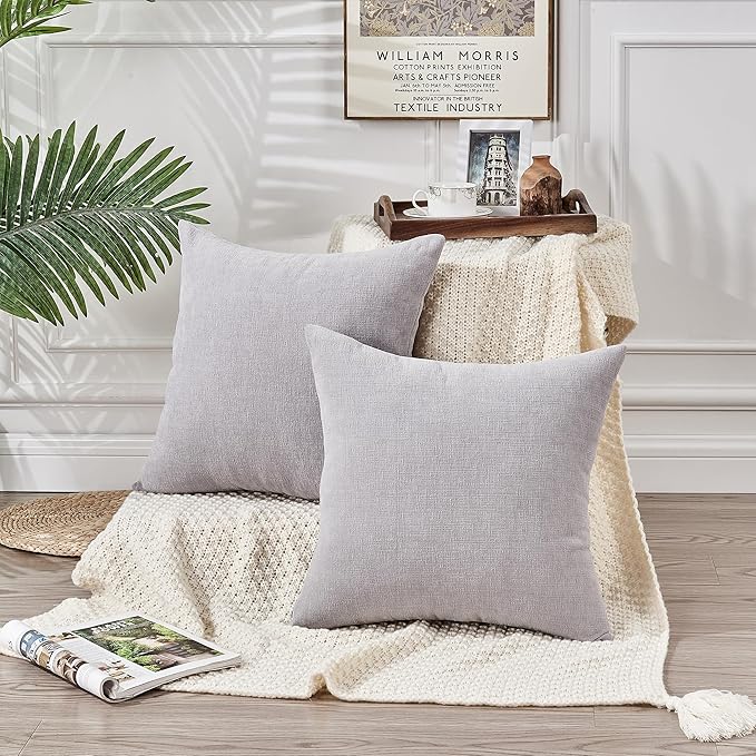 GAWAMAY Decorative Chenille Throw Pillow Covers 24x24 Inch Pack of 2, Soft Square Couch Pillow Cover for Sofa Cushion Living Room Bedroom Solid Dyed Pillowcases Light Grey 60x60cm (ONLY Covers)