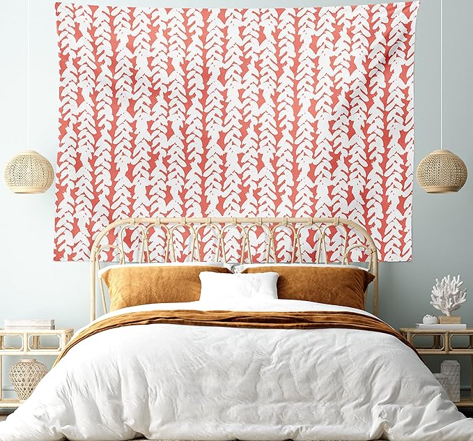 Ambesonne Coral Tapestry King Size, Hand Painted Braids Vertical Pattern Bohemian Hipster Fashion Chevron Art, Wall Hanging Bedspread Bed Cover Wall Decor, 104" X 88", White Coral