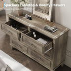 GarveeHome Farmhouse Grey Dresser for Bedroom with 6 Drawer, Double Dresser TV Stand with Vintage Handle, Wide Wood Dressers & Chests of Drawers, 6 Drawer Dressers for Bedroom, Living Room, Hallway